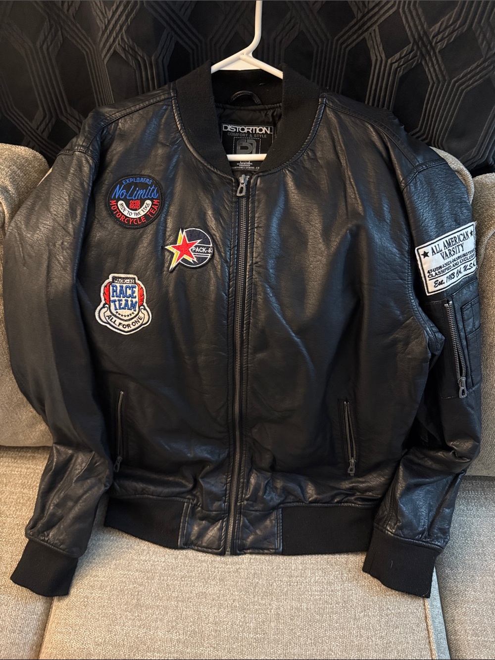Distortion Black Leather Bomber Jacket with Patch Accents